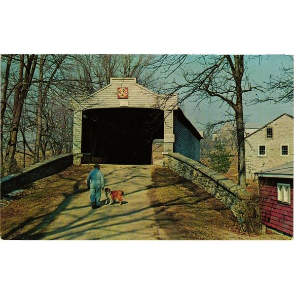 Hex Sign Kutz Mill Covered Bridge Postcard Heart Of Dutchland Pennsylvania Vtg - Picture 1 of 2